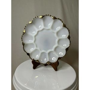 2 Vtg Anchor Hocking White Milk Glass Deviled Egg Dish Plate Platter Gold Rim